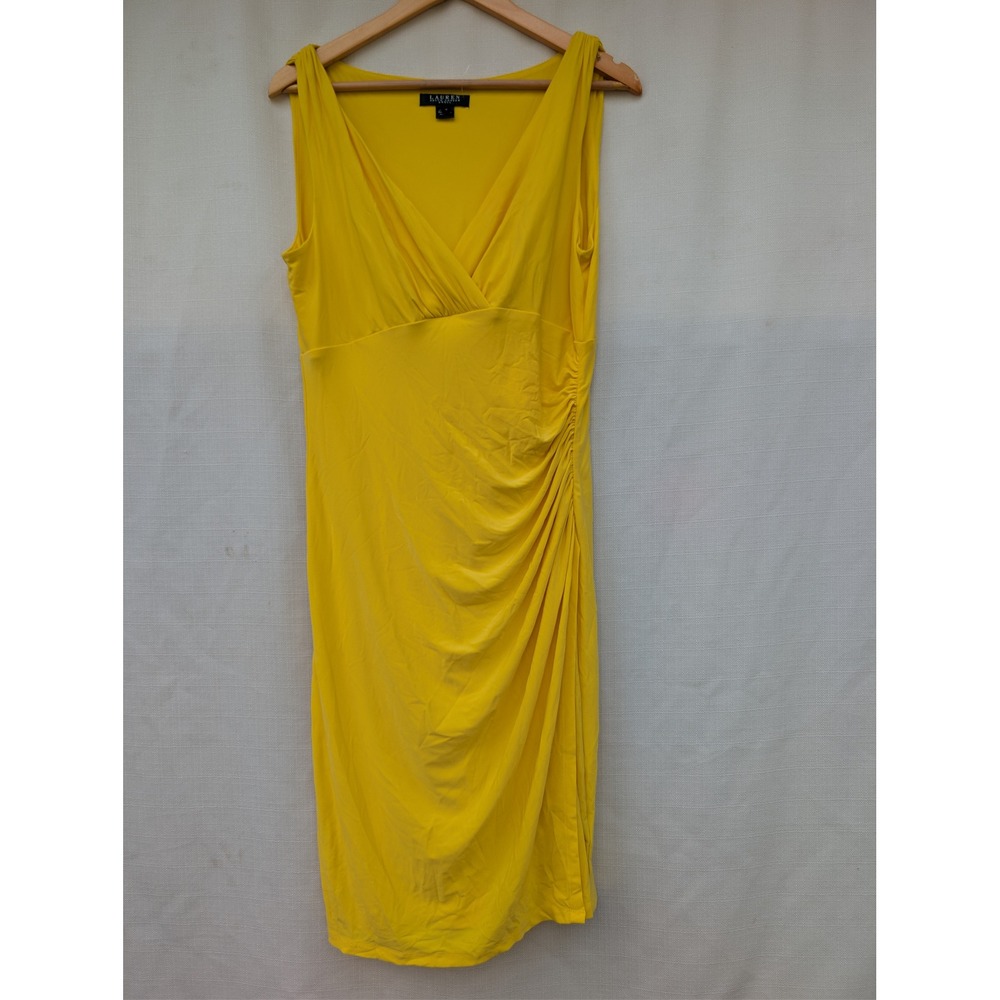Lauren Ralph Lauren Yellow Sheath Dress Womens 12 Sleeveless Gathered Midi Party